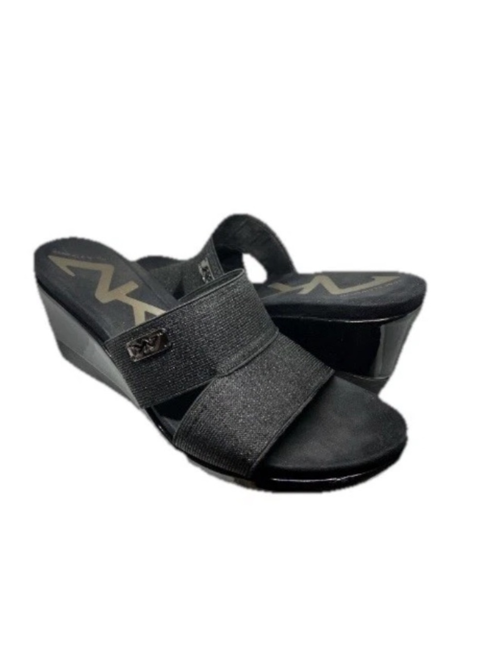 Anne Klein Sport Pleasant Black Metallic Wedge Slide Sandals 7.5